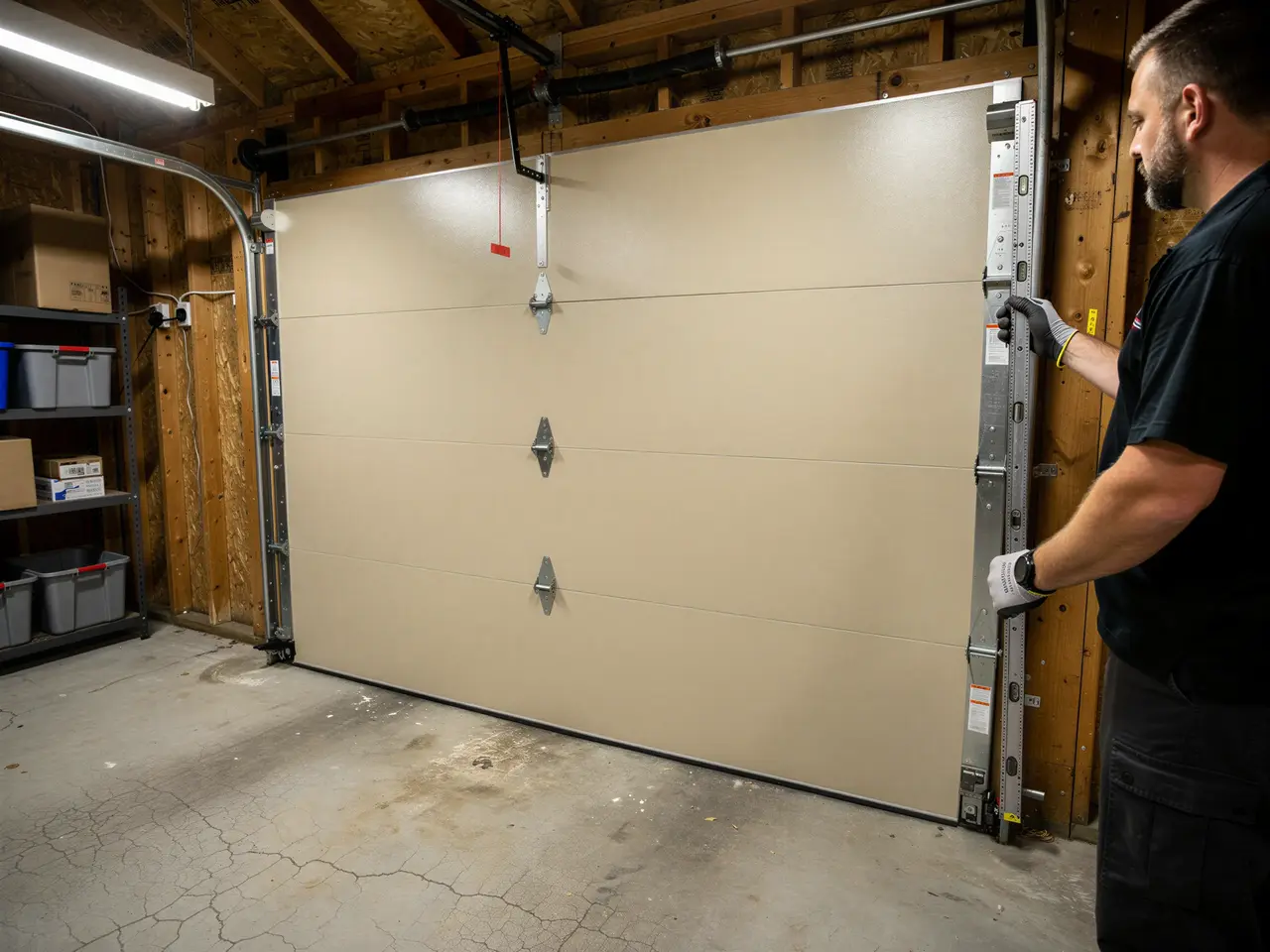 A technician adjusts the track of a beige garage door inside a garage.