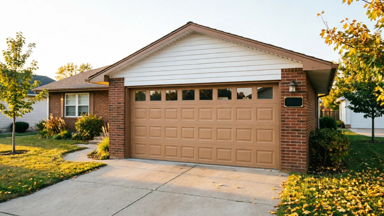 A house with a brown garage door and brick facade.
