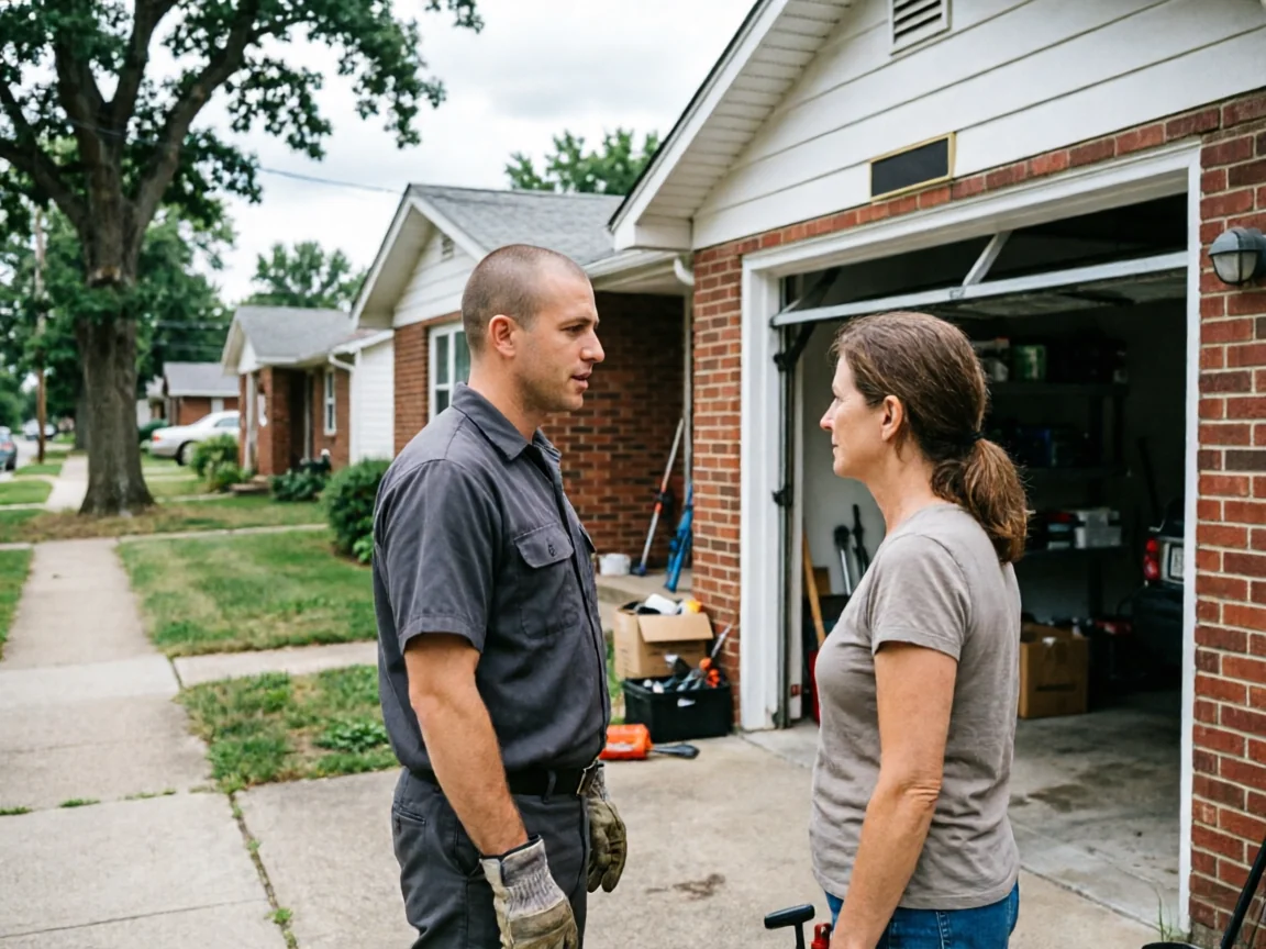 A technician and a woman stand in a driveway in front of an open garage.
