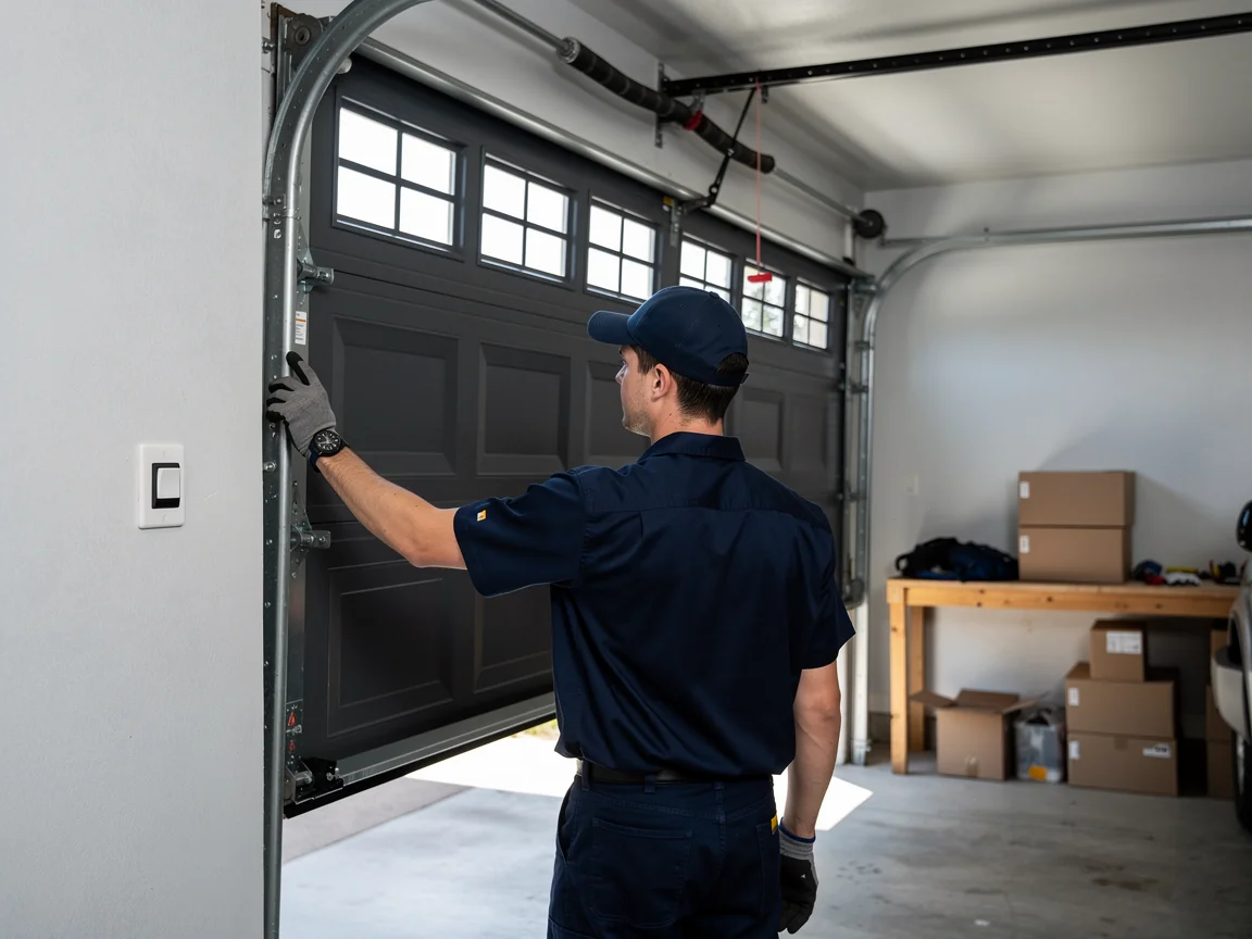A technician in a blue uniform inspects a dark gray garage door with windows.