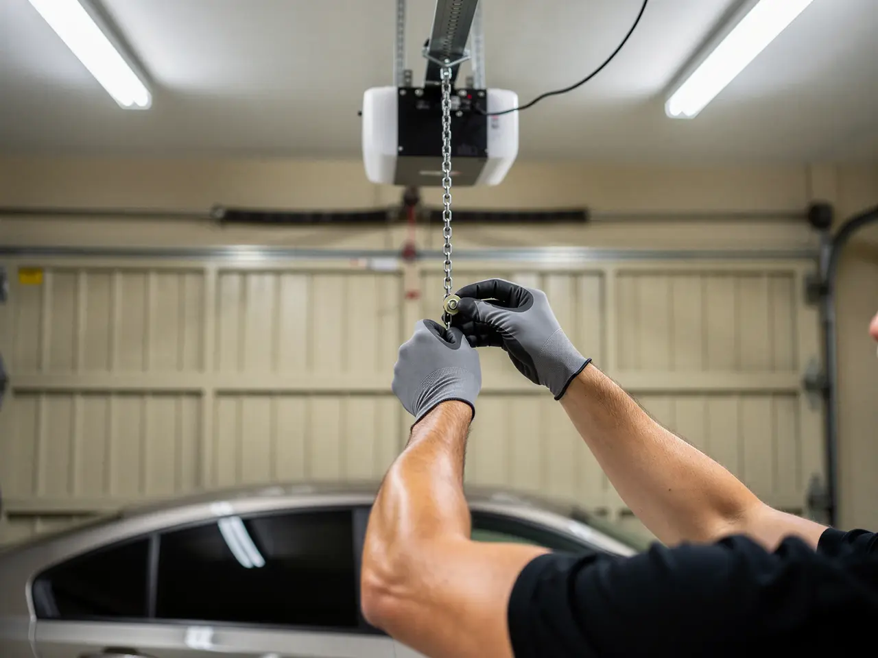 A technician in gloves adjusts the chain on a garage door opener.
