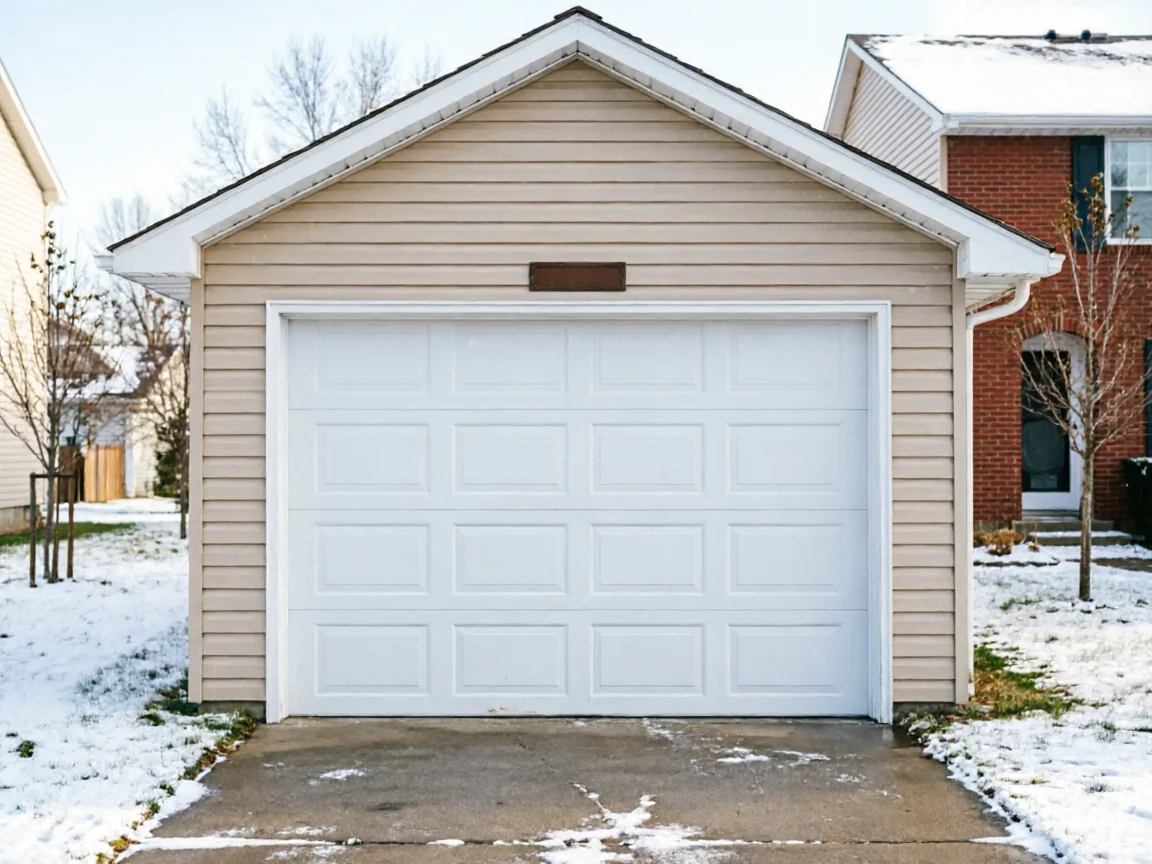 A white garage door is on a beige detached garage with snow on the ground.